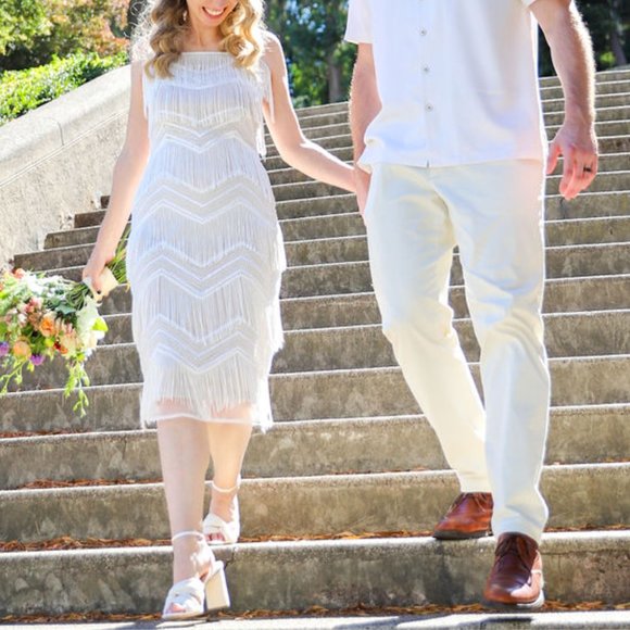 NWT Lulus White Sequin Fringe Midi Dress XS Art Deco Square Neckline with Straps - Picture 8 of 14